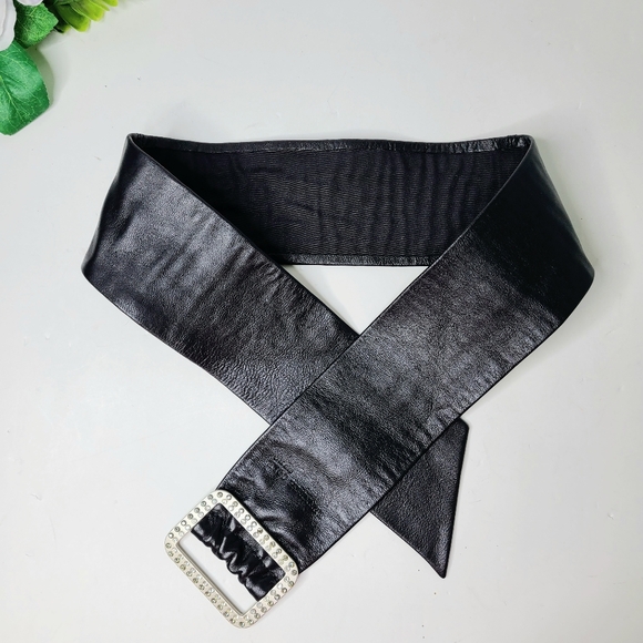 Kenneth Cole New York Accessories - Kenneth Cole New York Black Leather Crystal Rhinestone Buckle Wide Vintage Belt